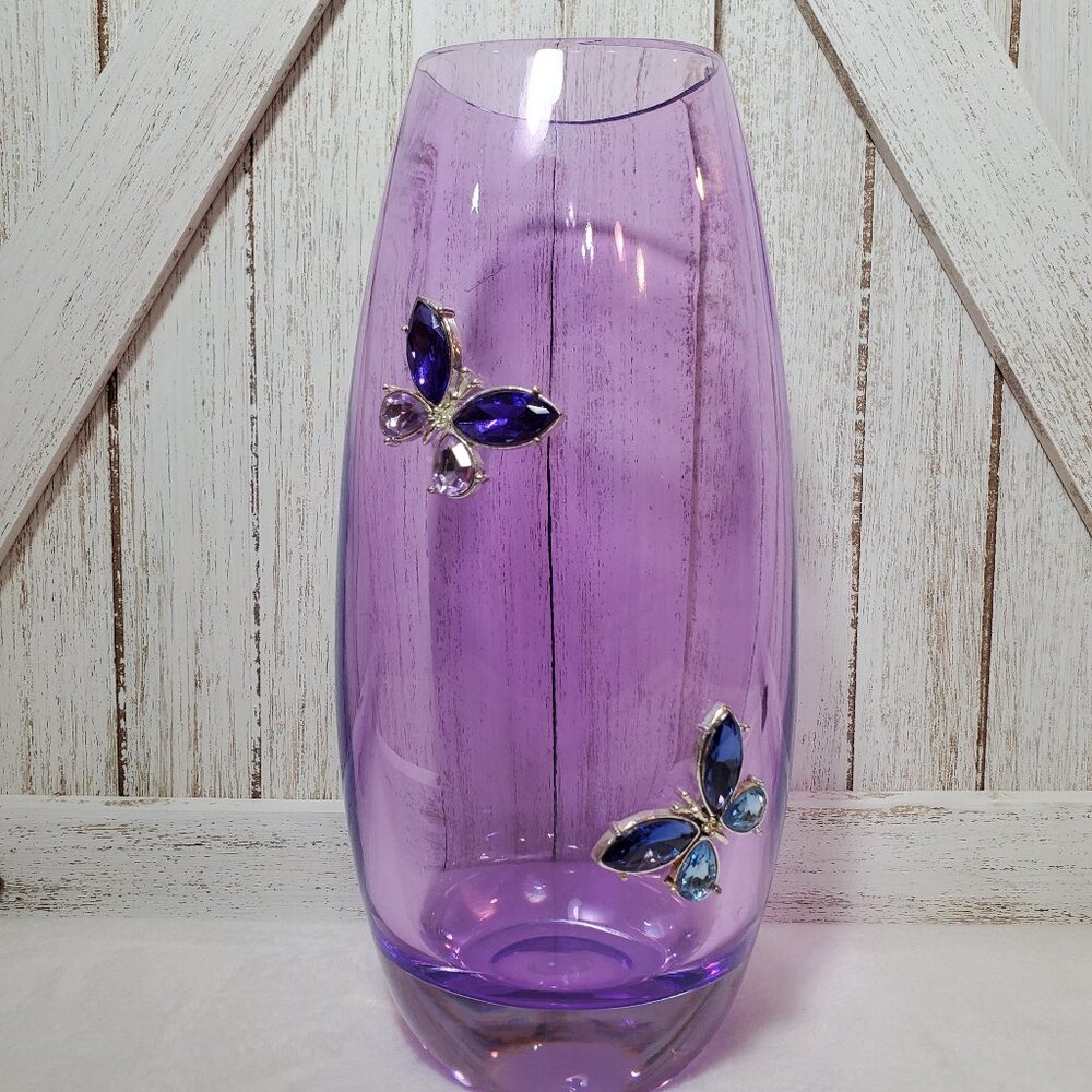 24% Lead Crystal Glass Vase with Crytal Butterfly Decorations EUC